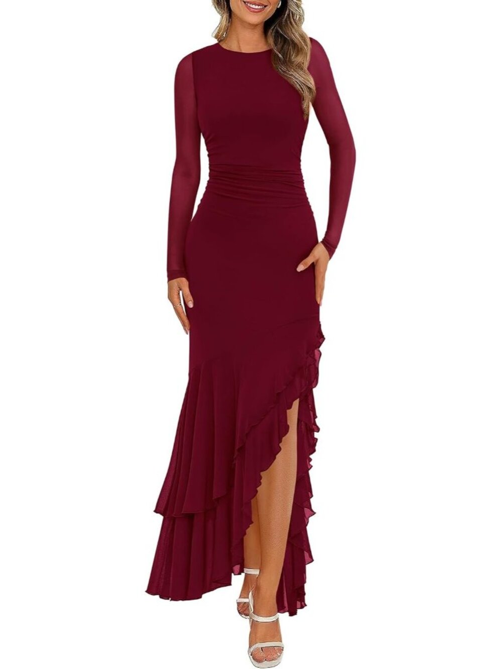 Women's Wine Red Long Sleeve Bodycon Ruched Wedding Guest Maxi Prom Party Dress